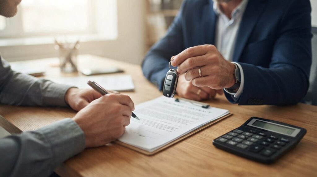 Close-up realistic image of hands holding car keys and a pur