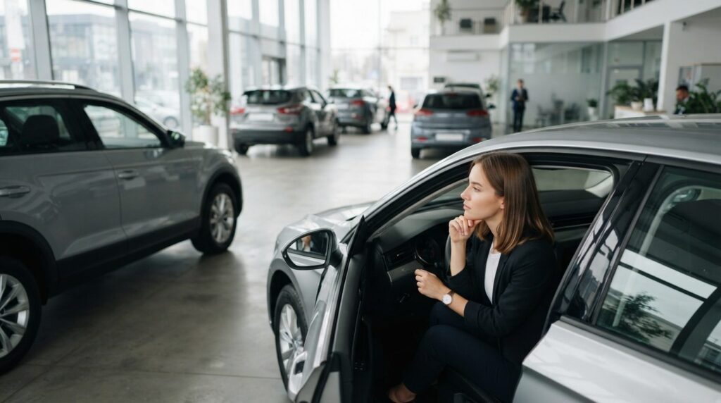 Wide shot of a young professional woman sitting in a car sho