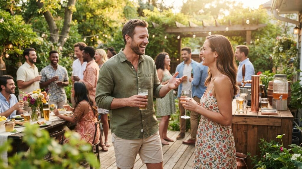 Relaxed host in casual clothing laughing and enjoying themse