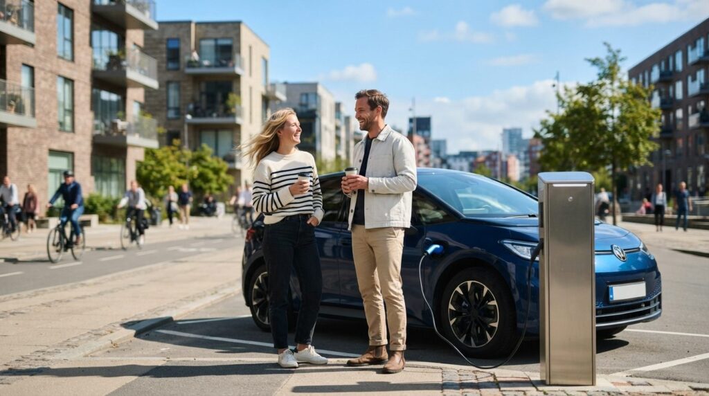 Wide shot of a happy Danish couple standing beside a recharg