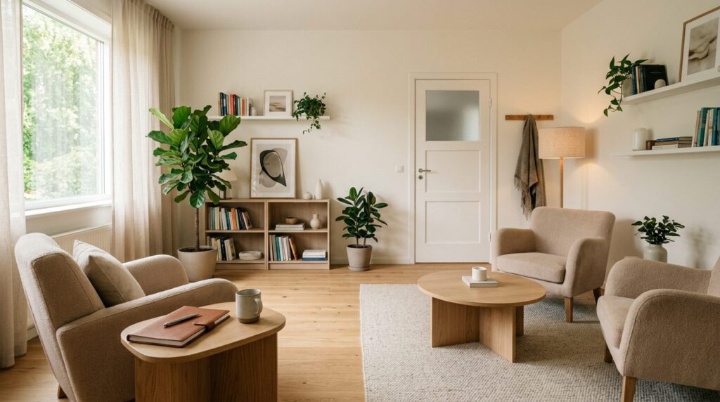 Modern therapy consultation room interior with soft lighting