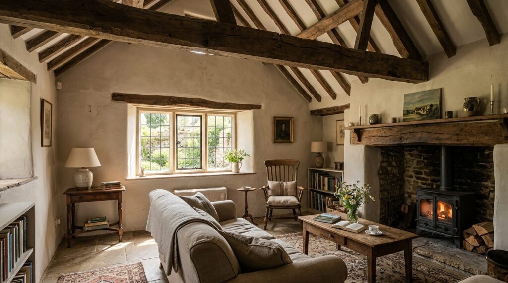 Serene cottage interior with exposed wooden beams and tradit