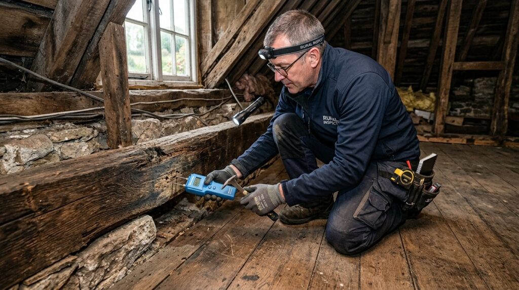 Professional home inspector examining wooden floor and struc