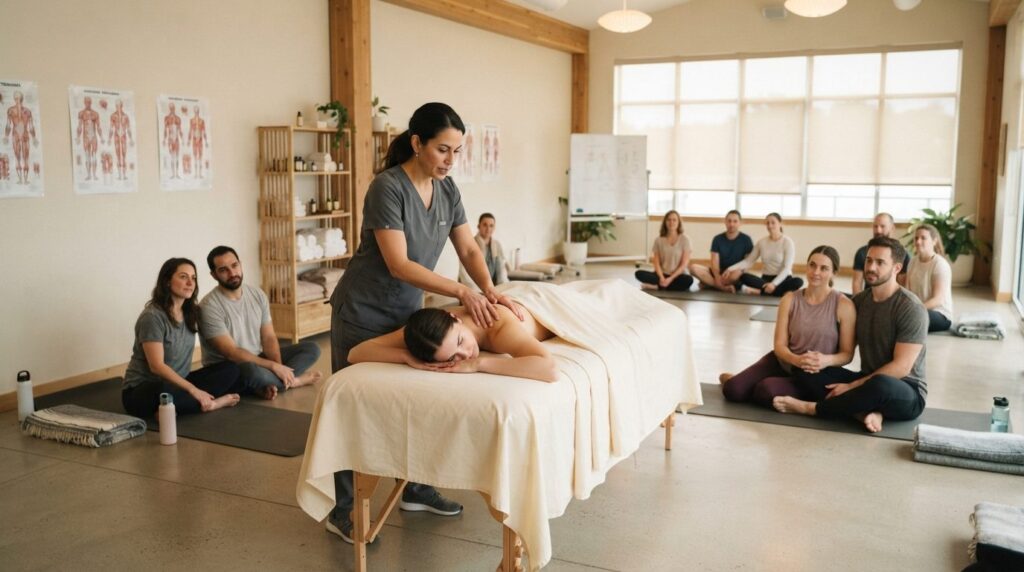 Wide-angle photograph of a massage therapy class in progress