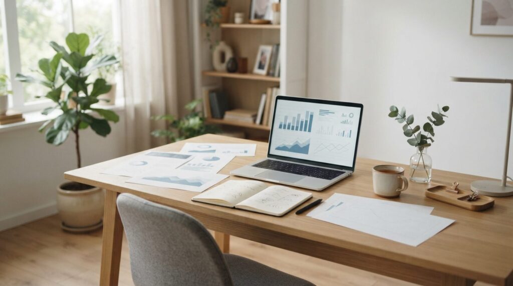 Wide shot of a calm professional workspace with multiple fin