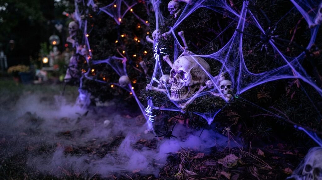 Close-up photorealistic image of Halloween garden decoration
