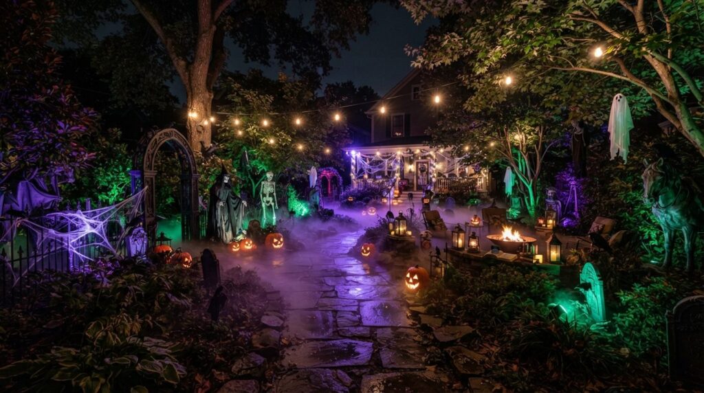 Wide-angle photorealistic view of an elegantly spooky backya