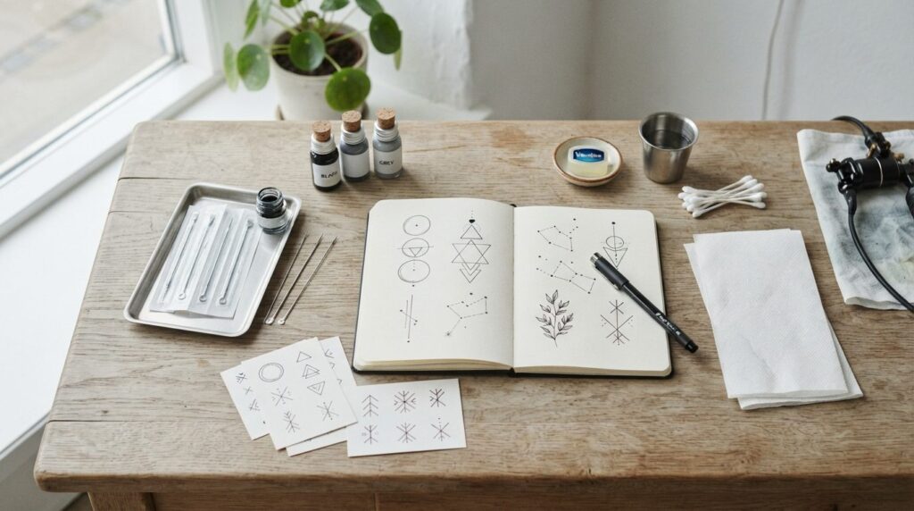 Overhead flat lay photograph of a minimalist tattoo artists